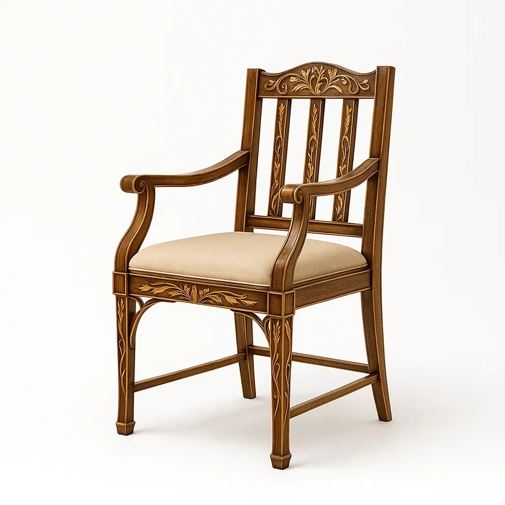 Sedia con braccioli in legno massello con rivestimento beige