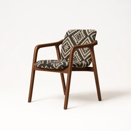 Sedia con braccioli in legno di noce con rivestimento in cotone nero e beige