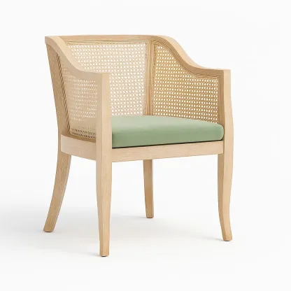 Sedia con braccioli in legno massello e paglia di Vienna con seduta verde