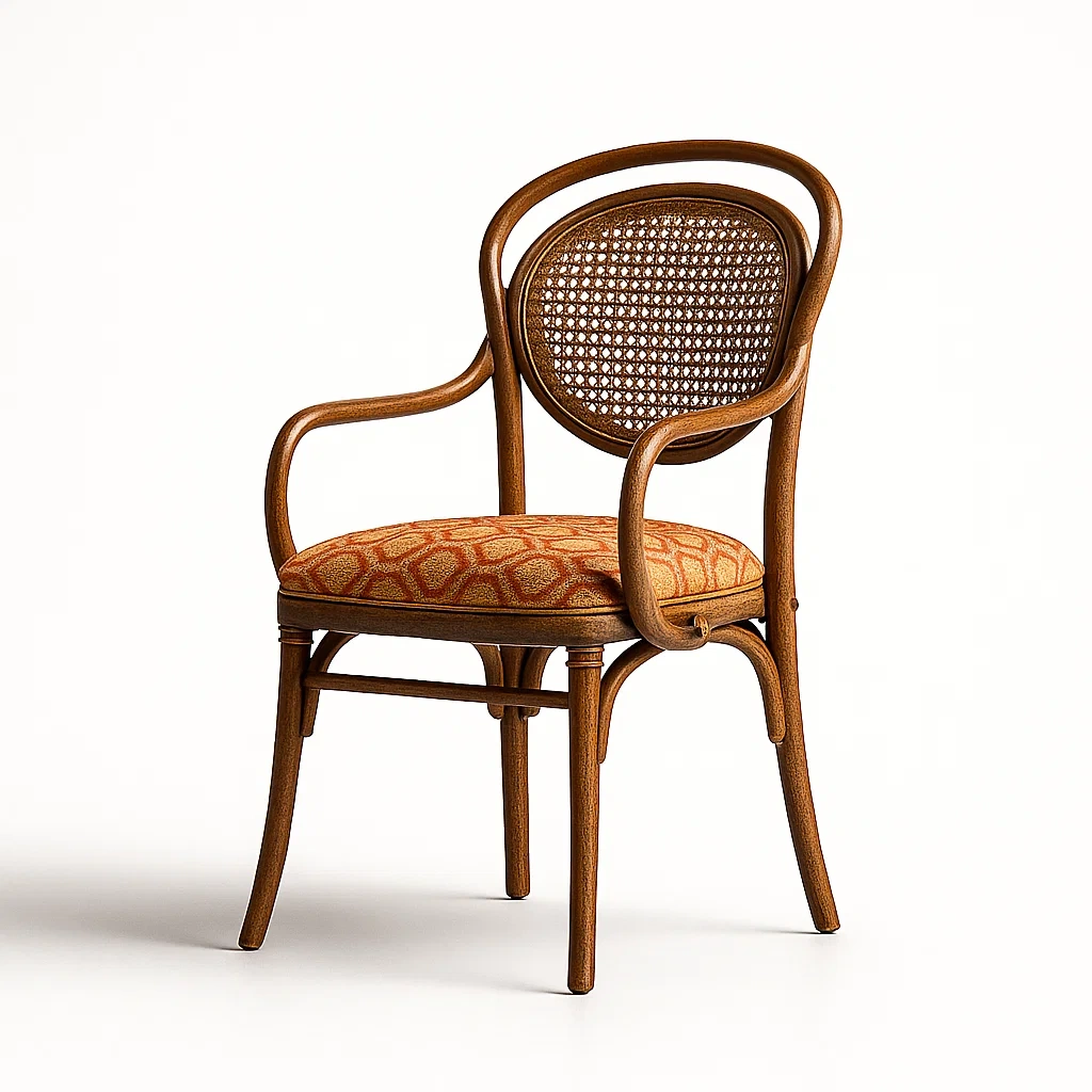 Sedia con braccioli in legno con schienale in rattan e seduta imbottita in tessuto arancione