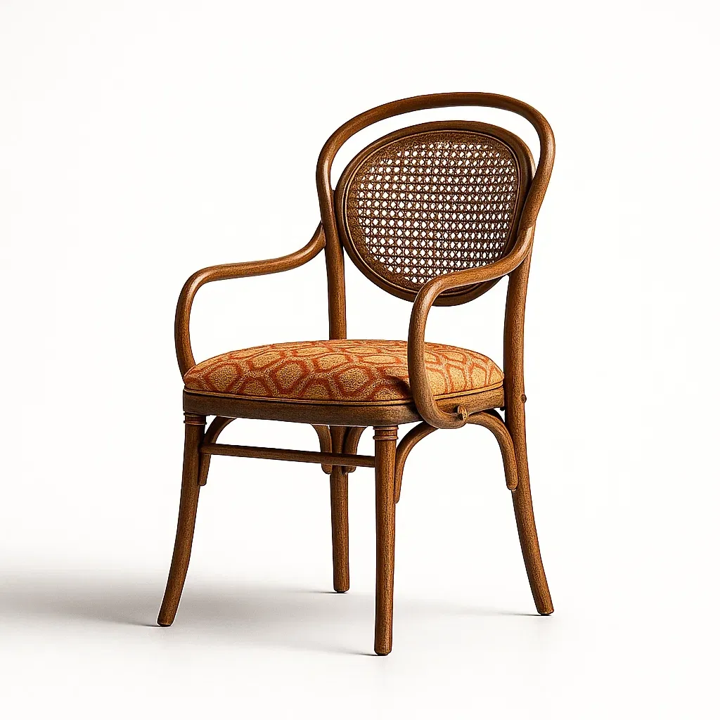 Sedia con braccioli in legno con schienale in rattan e seduta imbottita in tessuto arancione