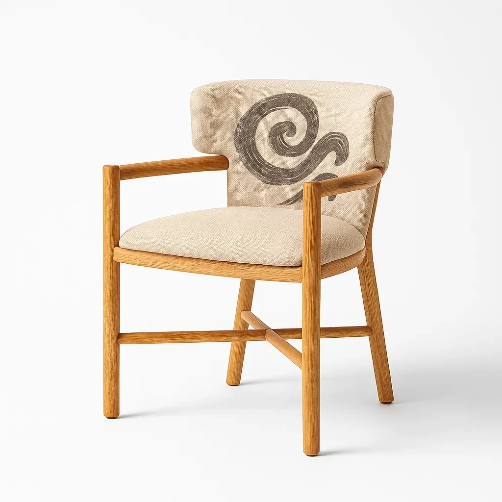 Sedia con braccioli in legno con rivestimento beige a motivo