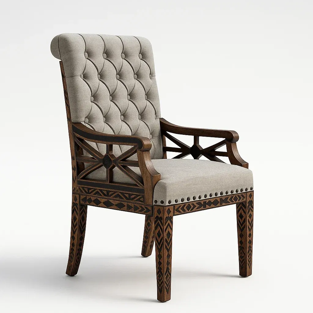 Sedia con braccioli in legno intagliato con tessuto di lino grigio 120x70x60 cm