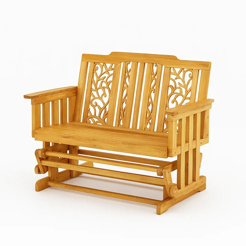 Panchina glider a due posti in legno di pino con intagli floreali