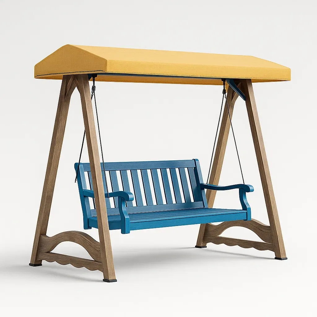 Balancella da giardino in acacia con tettoia gialla e seduta blu