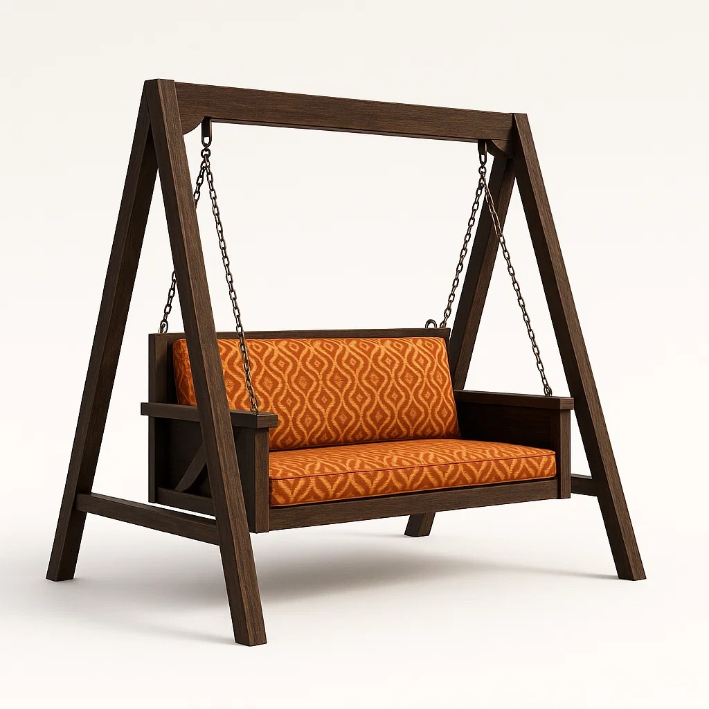 Balancella da giardino da esterno in legno con cuscini arancioni