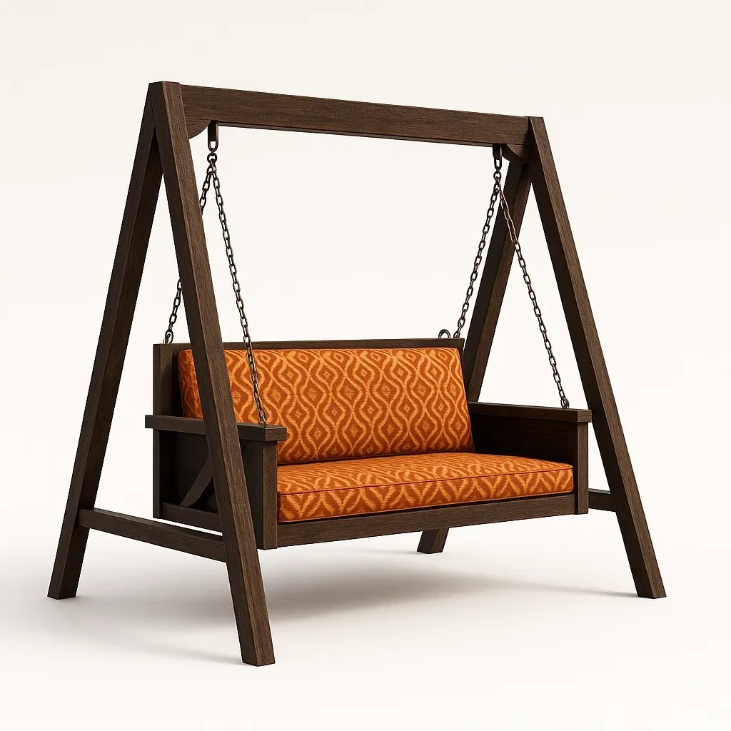 Balancella da giardino da esterno in legno con cuscini arancioni