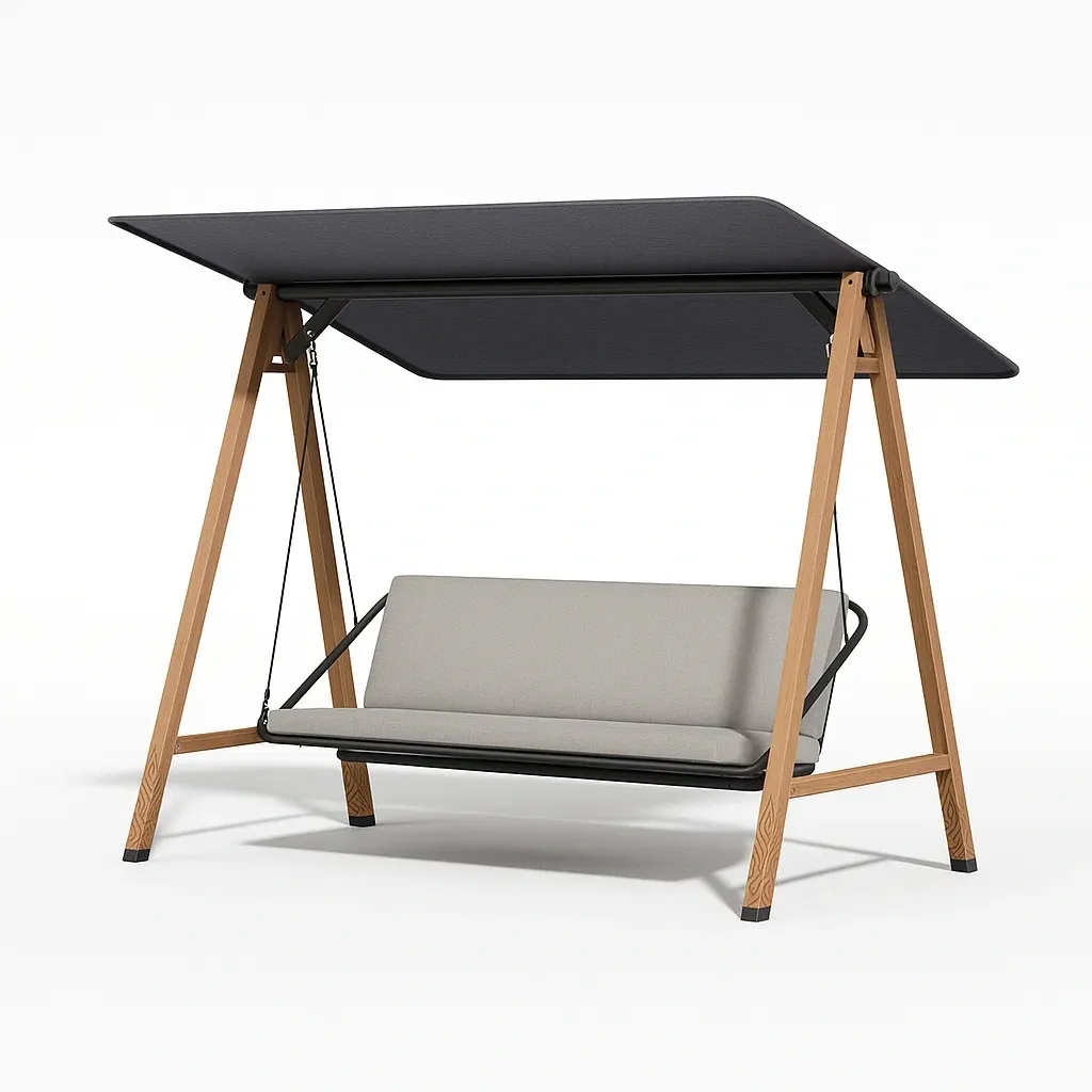 Balancella da giardino in legno con seduta in tessuto grigio