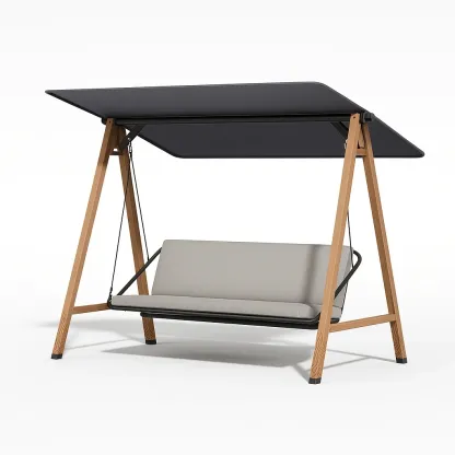 Balancella da giardino in legno con seduta in tessuto grigio