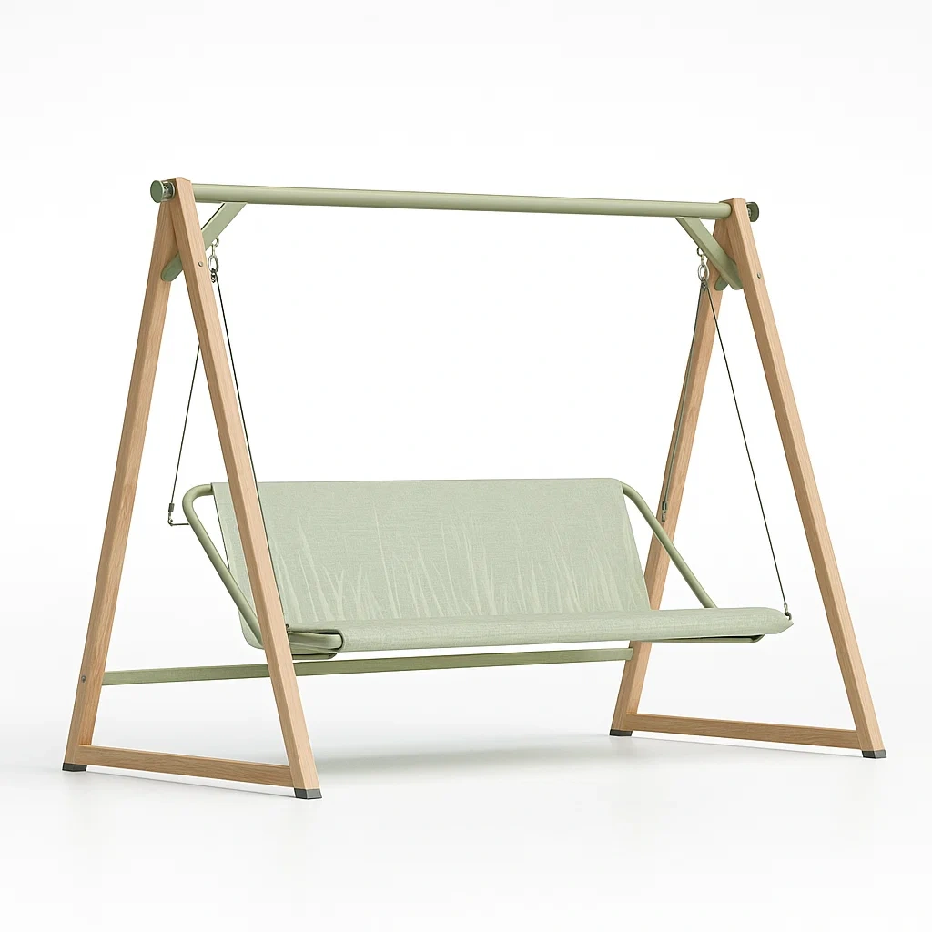 Balancella da giardino in legno con seduta in tessuto verde in poliestere