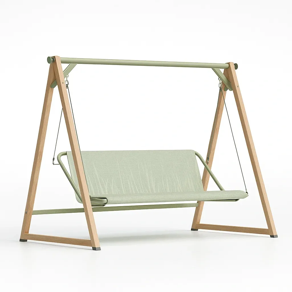Balancella da giardino in legno con seduta in tessuto verde in poliestere