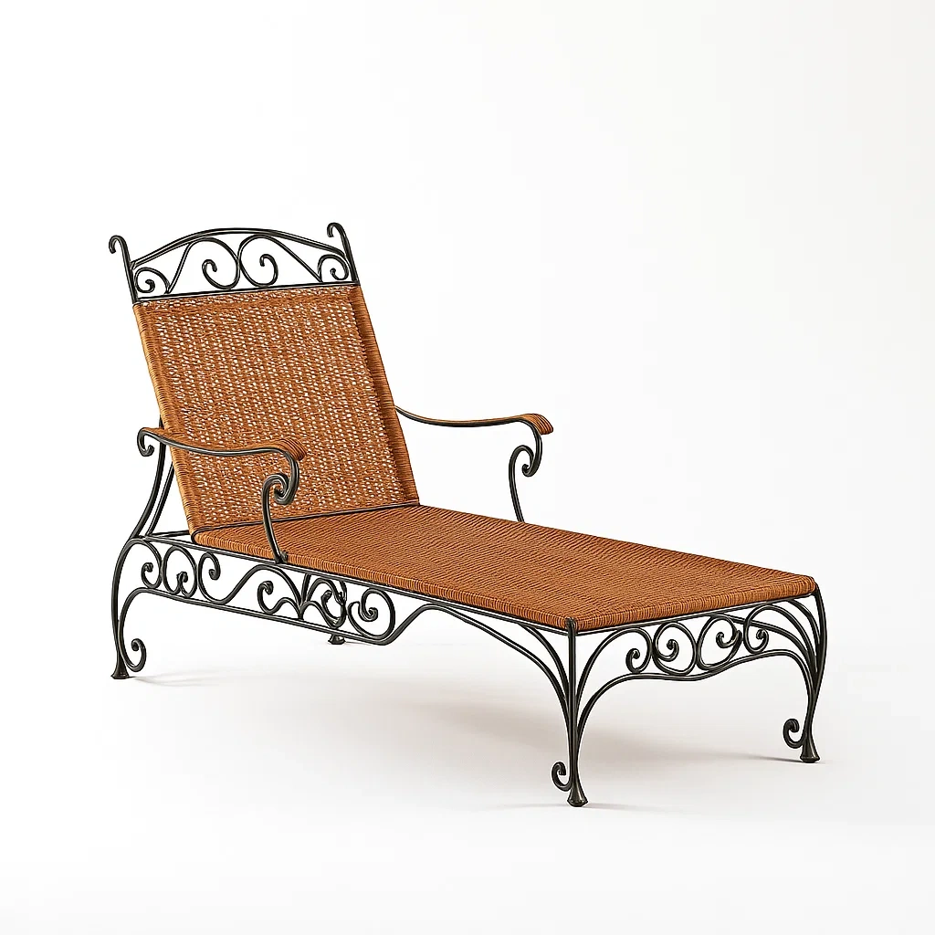 Chaise longue da esterno in ferro e rattan marrone nero
