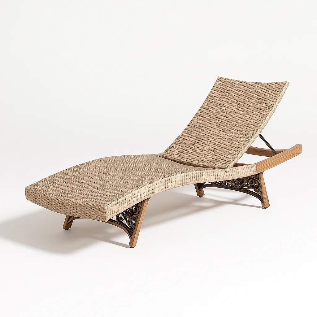 Chaise longue in rattan sintetico beige con telaio in legno e metallo
