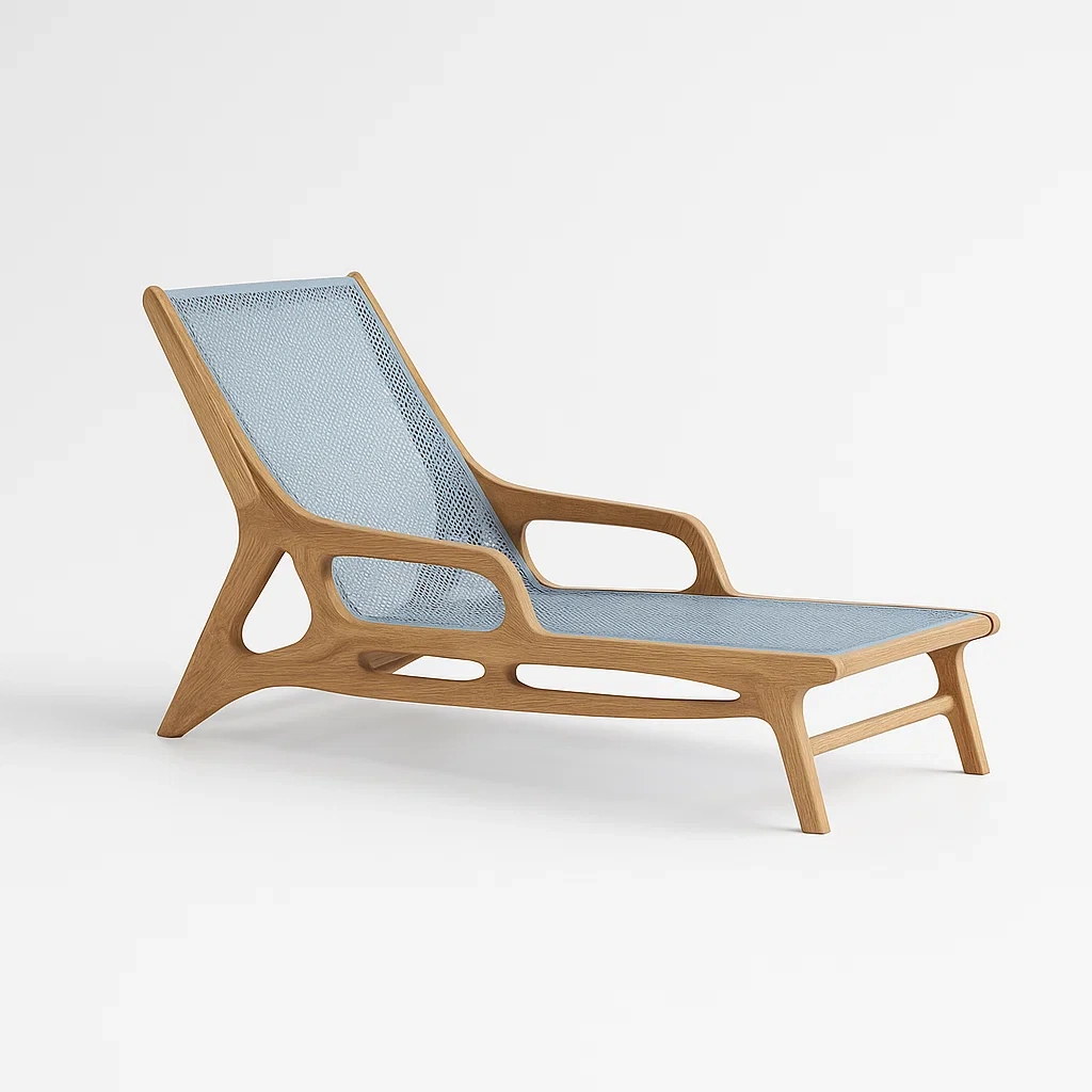 Chaise longue in legno e tessuto a rete blu