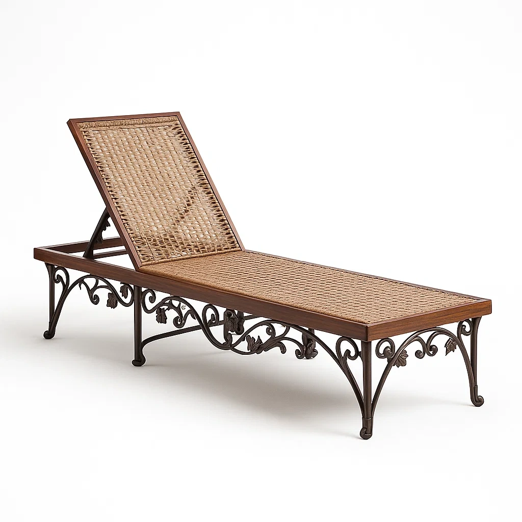 Chaise longue in acciaio e rattan marrone