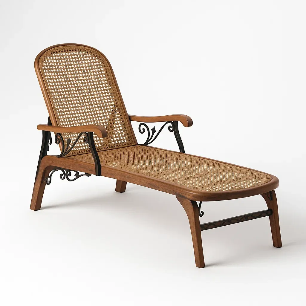 Chaise longue in rattan con struttura in legno e ferro