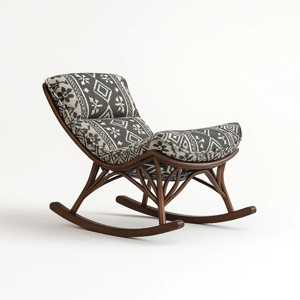 Sedia a dondolo in legno e tessuto geometrico