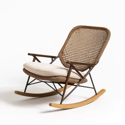 Sedia a dondolo in rattan sintetico marrone con struttura in acciaio e legno e cuscino beige