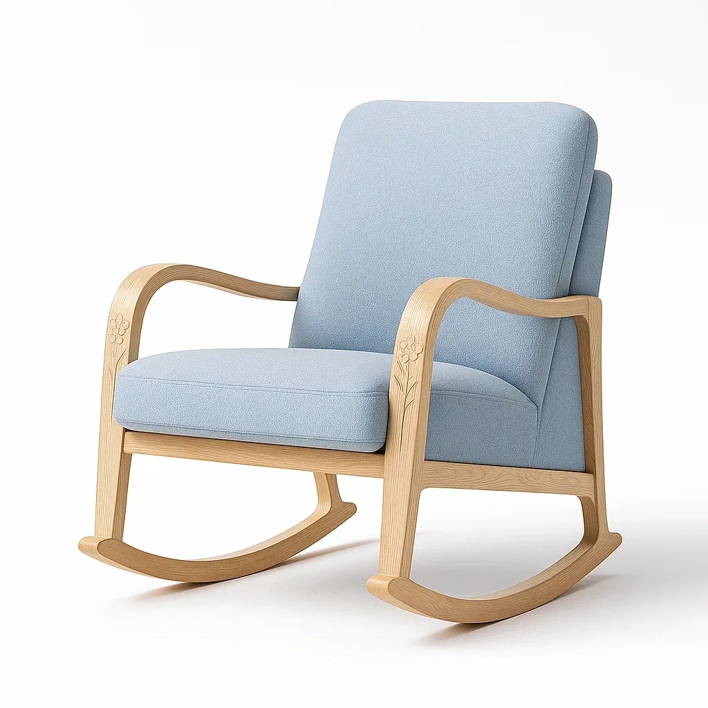 Sedia a dondolo in legno e tessuto azzurro