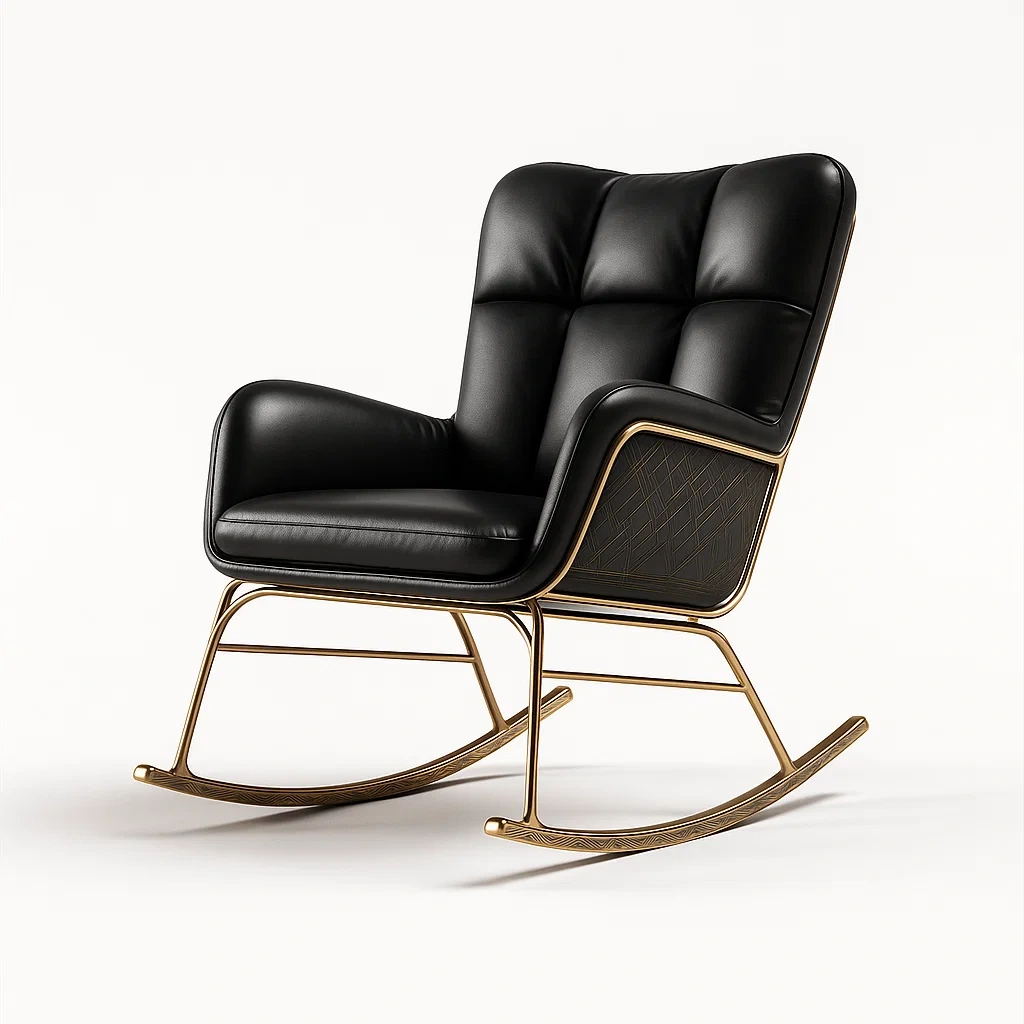 Sedia a dondolo in pelle nera con struttura in metallo dorato
