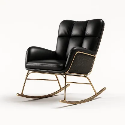 Sedia a dondolo in pelle nera con struttura in metallo dorato