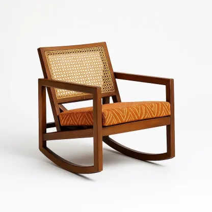 Sedia a dondolo in legno con schienale in rattan e cuscino in cotone arancione