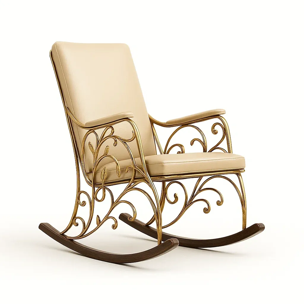 Sedia a dondolo in metallo oro crema rivestita in pelle sintetica 95x60x100 cm