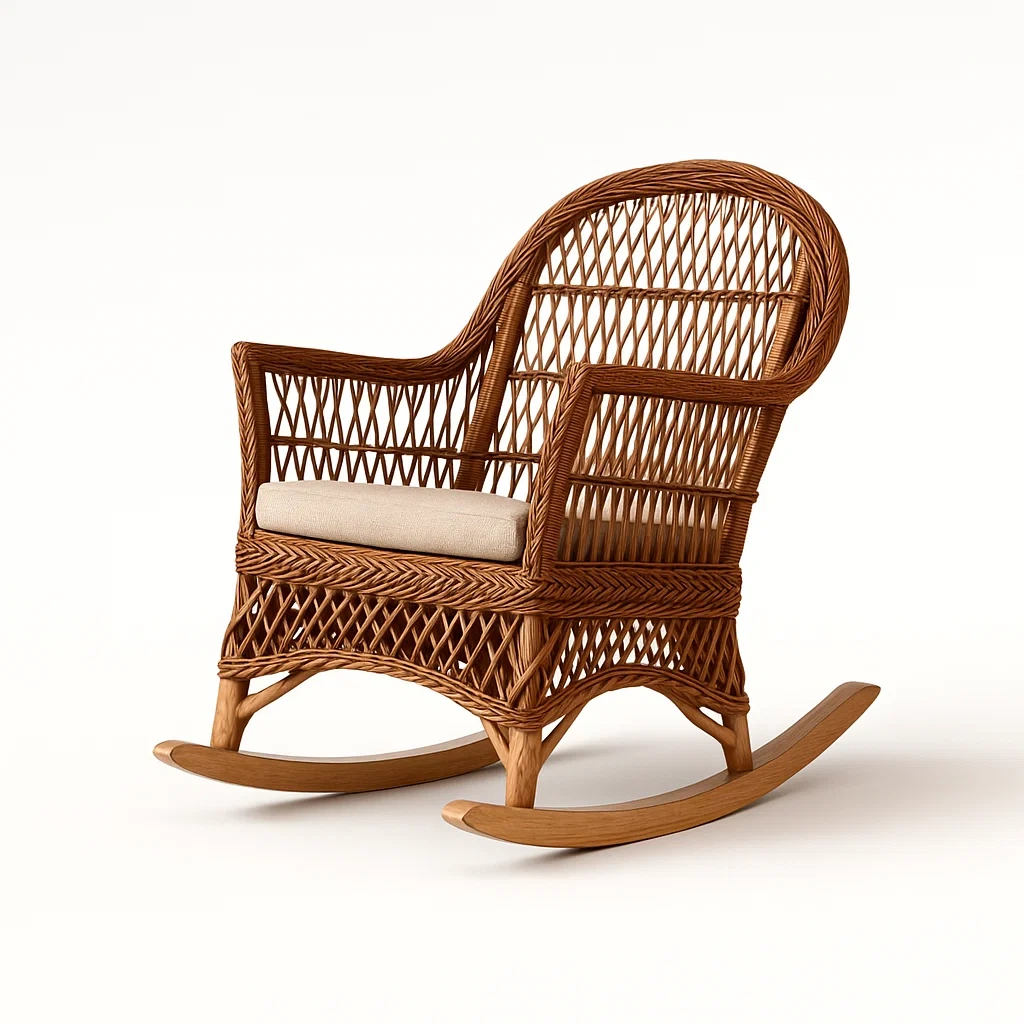 Sedia a dondolo in rattan con cuscino in poliestere