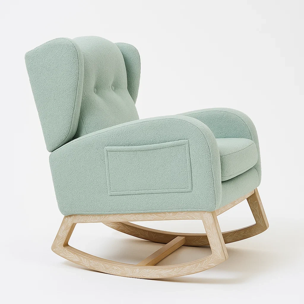 Sedia a dondolo in tessuto verde menta con struttura in legno