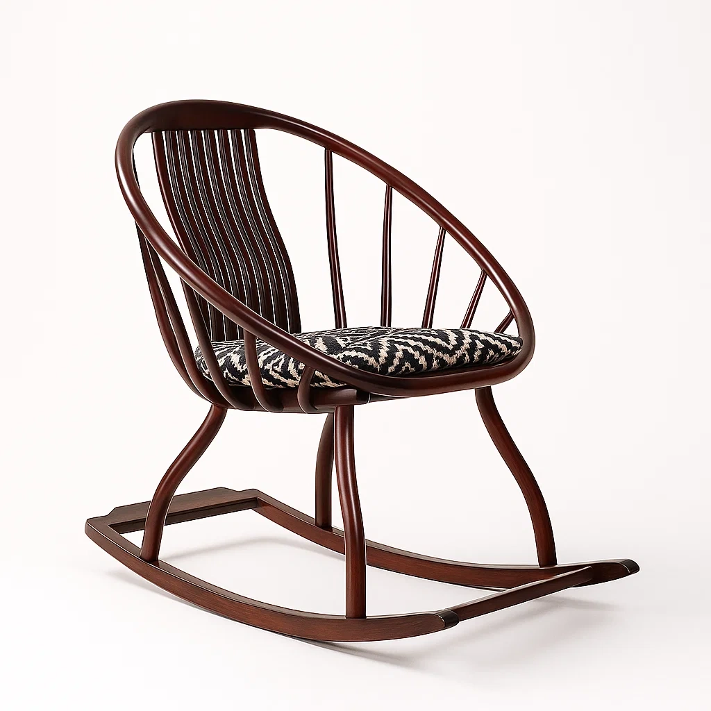 Sedia a dondolo ovale in legno massello marrone con cuscino in poliestere