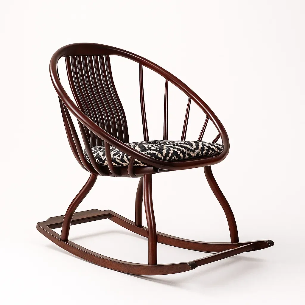Sedia a dondolo ovale in legno massello marrone con cuscino in poliestere
