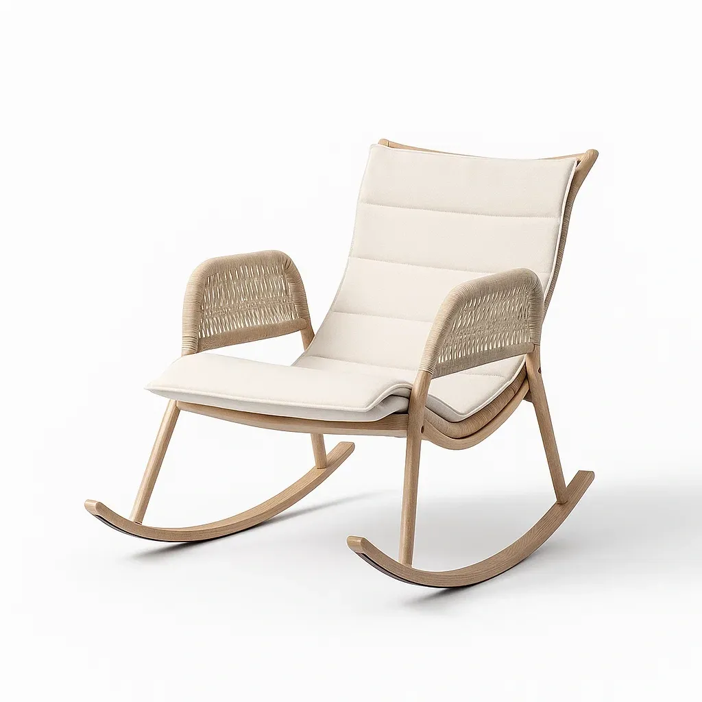 Sedia a dondolo in legno e tessuto beige con braccioli in rattan