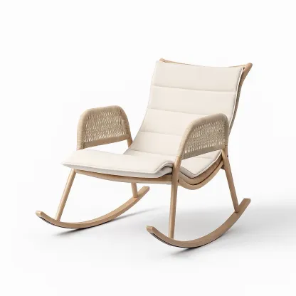 Sedia a dondolo in legno e tessuto beige con braccioli in rattan