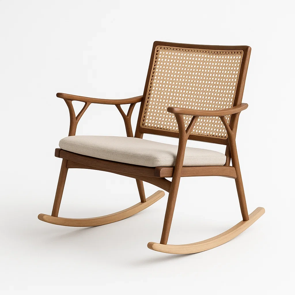 Sedia a dondolo in legno con schienale in vimini e seduta imbottita beige