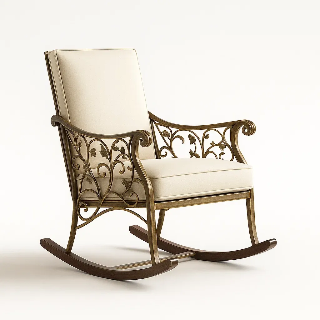 Sedia a dondolo in metallo bronzo con cuscino in tessuto crema