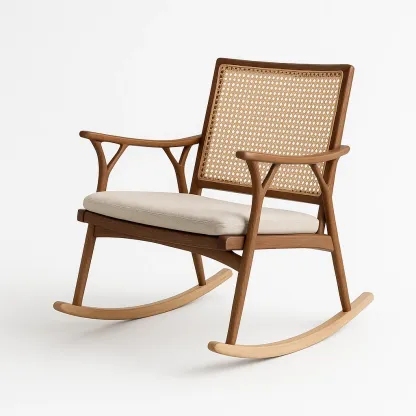 Sedia a dondolo in legno con schienale in vimini e seduta imbottita beige