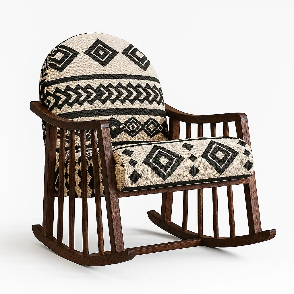 Sedia a dondolo in legno e cotone geometrico