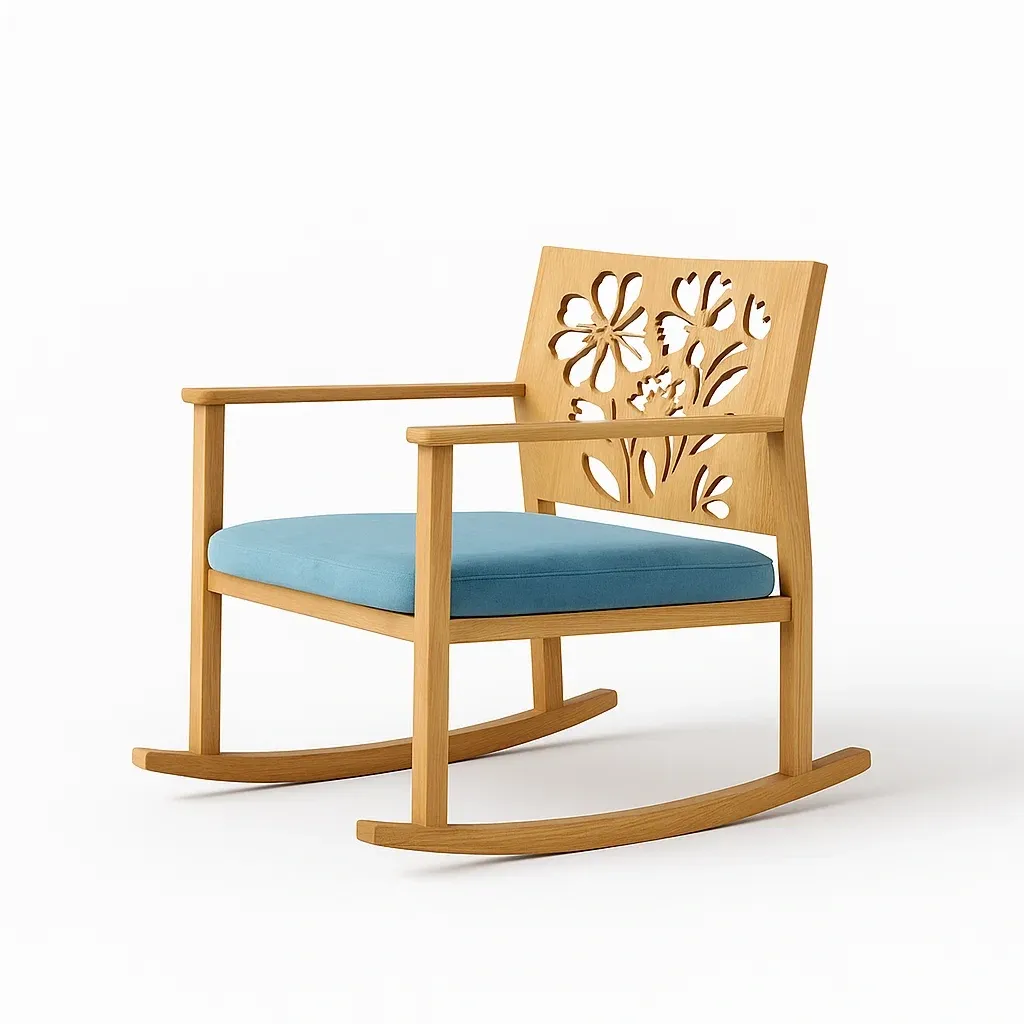 Sedia a dondolo in legno con cuscino in cotone azzurro