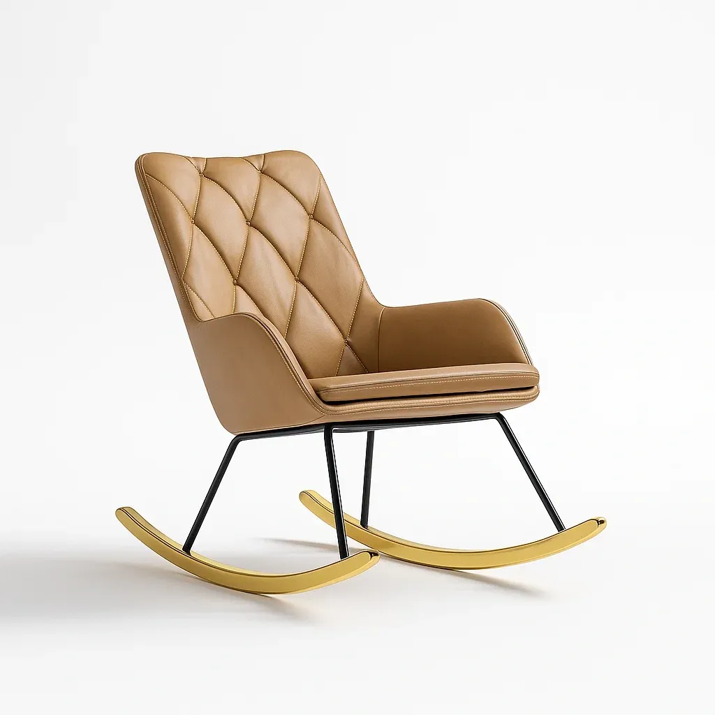 Sedia a dondolo in pelle sintetica marrone con base in metallo