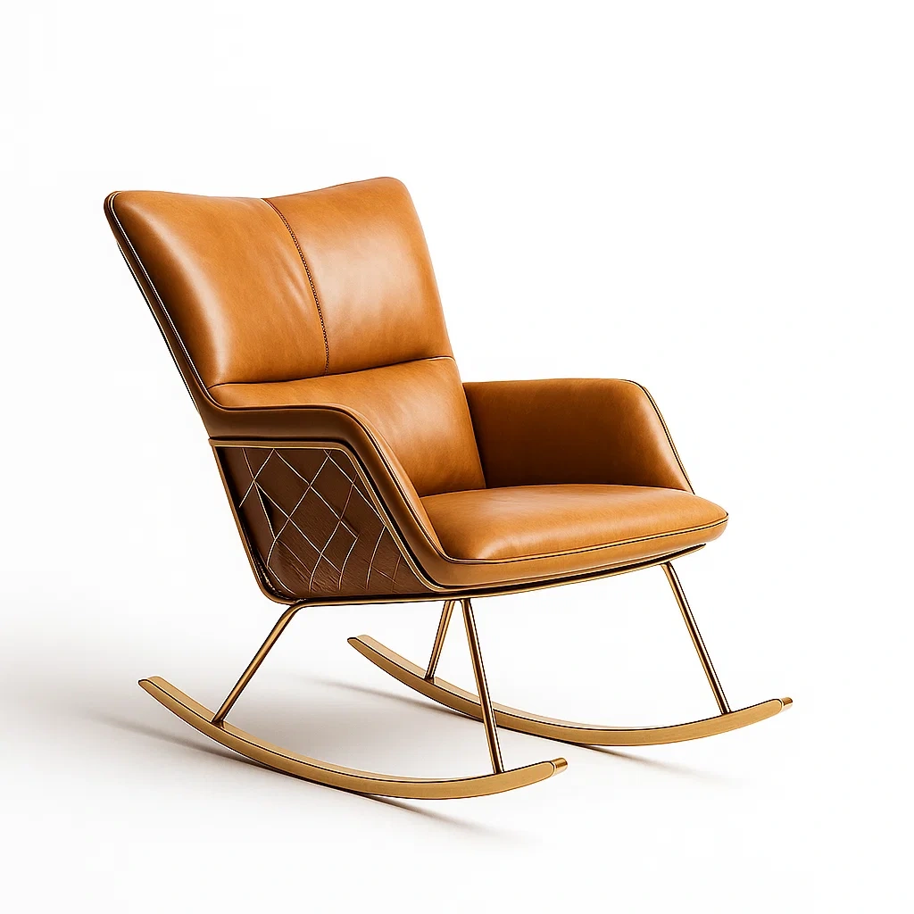 Sedia a dondolo in pelle marrone e metallo
