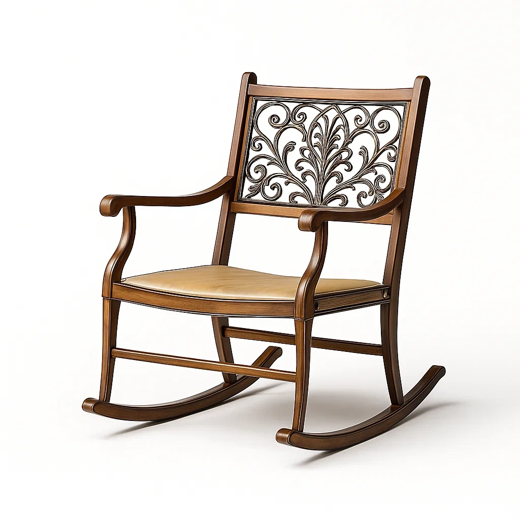 Sedia a dondolo in legno e metallo con seduta in pelle sintetica marrone