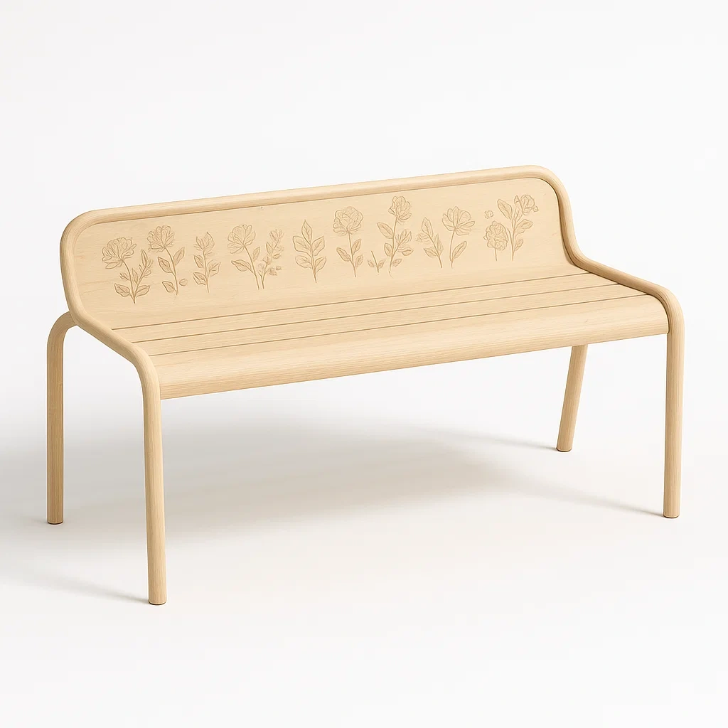 Panchina in legno di faggio con schienale inciso a fiori