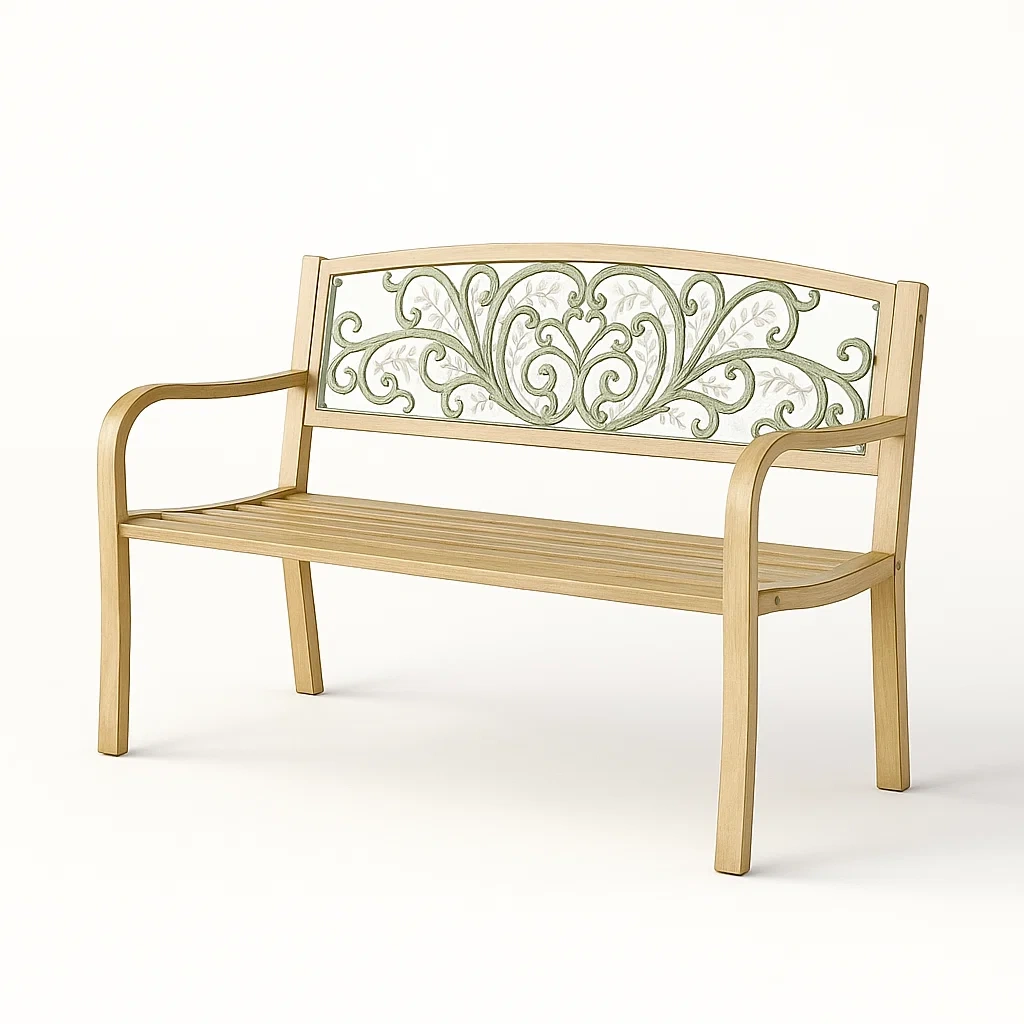 Panchina in legno e metallo decorato