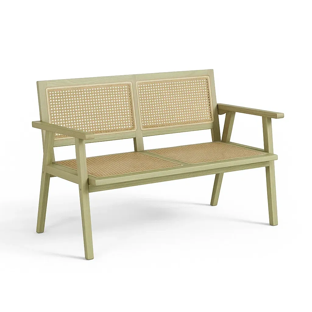 Panchina in legno e rattan intrecciato verde naturale