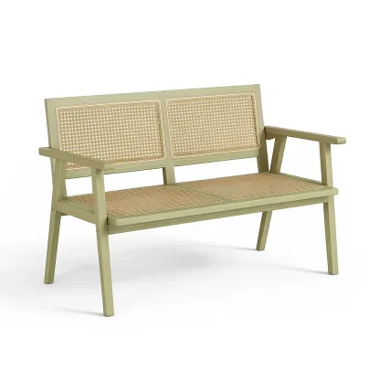 Panchina in legno e rattan intrecciato verde naturale