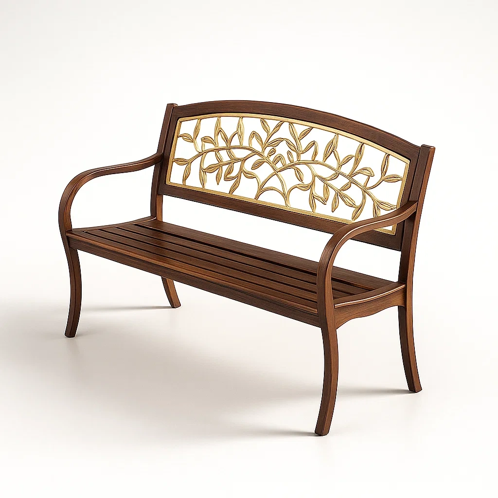 Panchina in legno e metallo decorato foglie marrone dorato