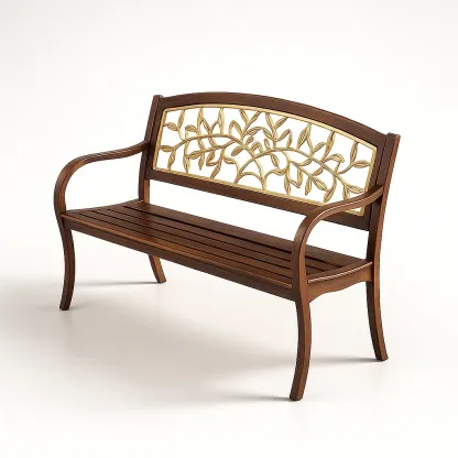 Panchina in legno e metallo decorato foglie marrone dorato