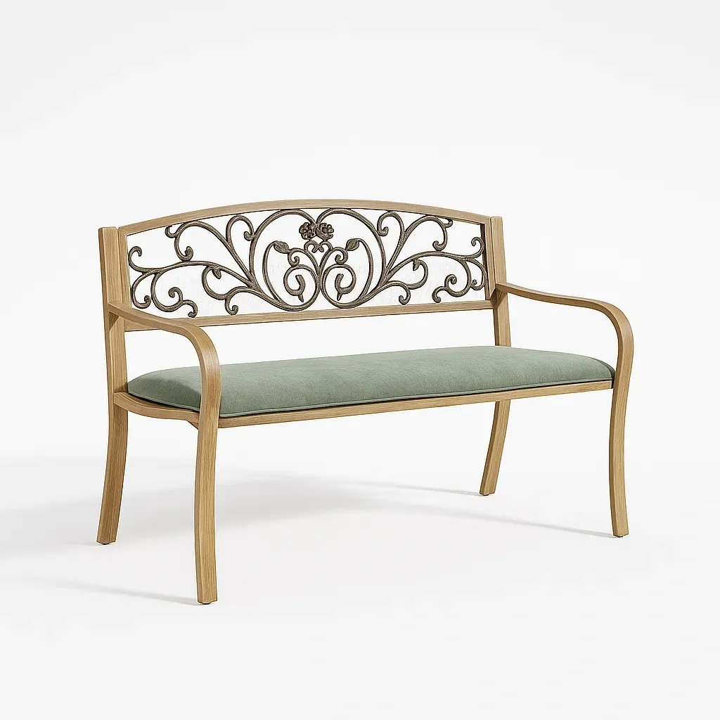 Panchina in legno con schienale decorativo e seduta verde