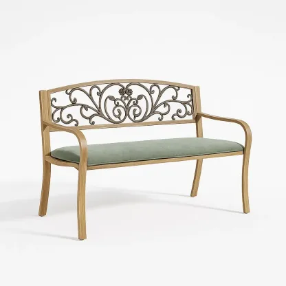 Panchina in legno con schienale decorativo e seduta verde