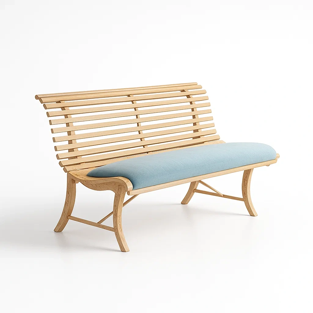 Panchina in legno naturale con seduta imbottita blu